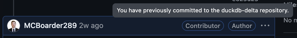 Screenshot of a Github post with a contributor badge to duckdb-delta