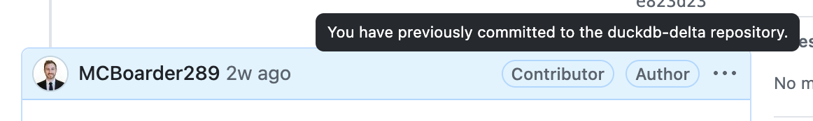 Screenshot of a Github post with a contributor badge to duckdb-delta